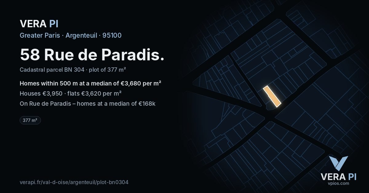 58 Rue de Paradis, Argenteuil at night – the plot lit, the parcels around coloured by the prices near them