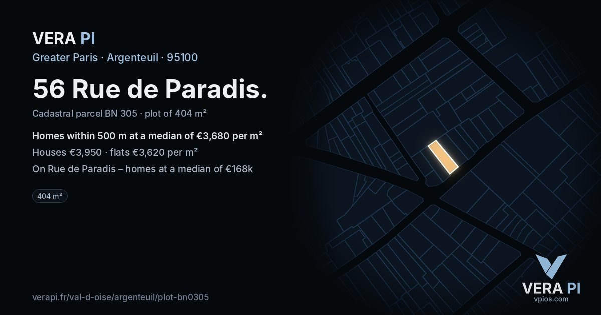 56 Rue de Paradis, Argenteuil at night – the plot lit, the parcels around coloured by the prices near them