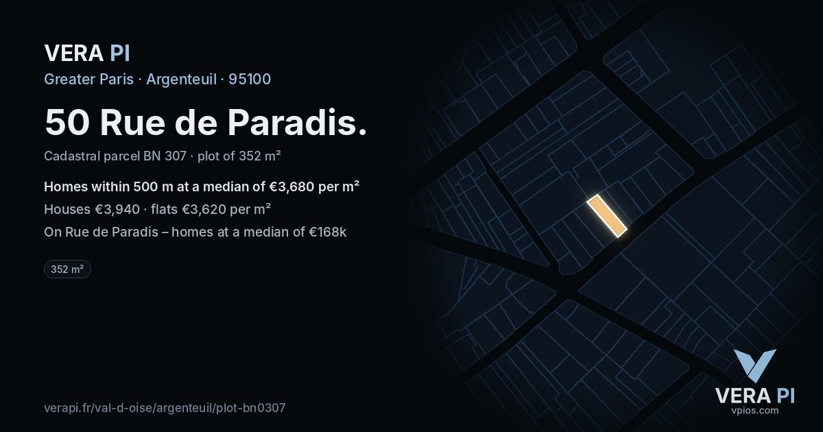 50 Rue de Paradis, Argenteuil at night – the plot lit, the parcels around coloured by the prices near them