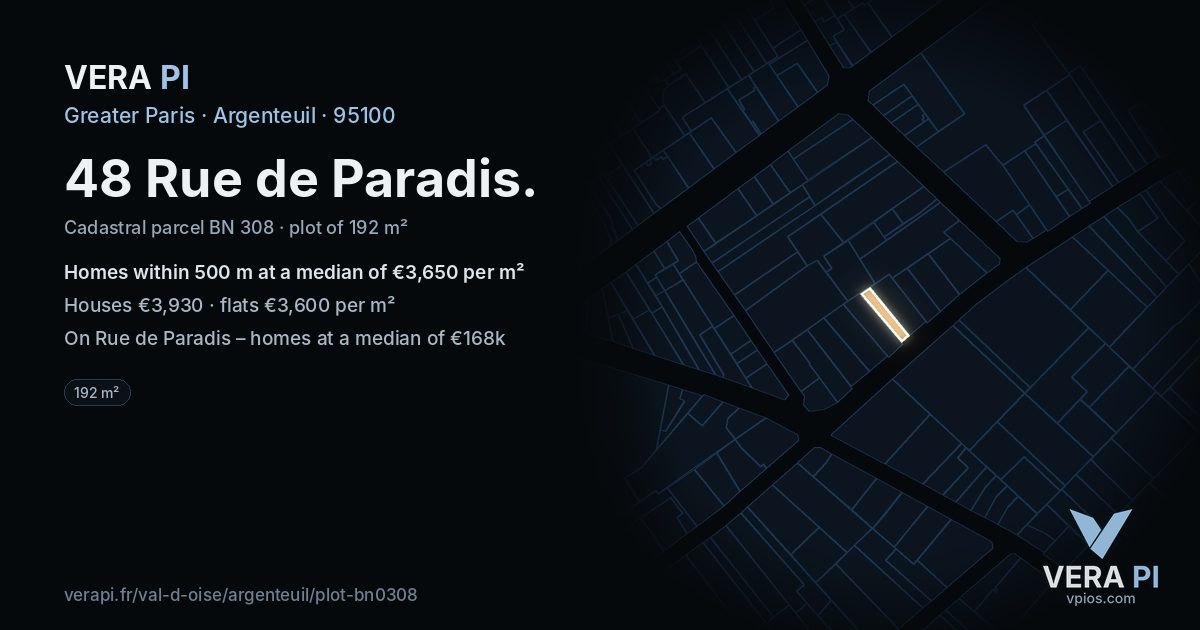 48 Rue de Paradis, Argenteuil at night – the plot lit, the parcels around coloured by the prices near them