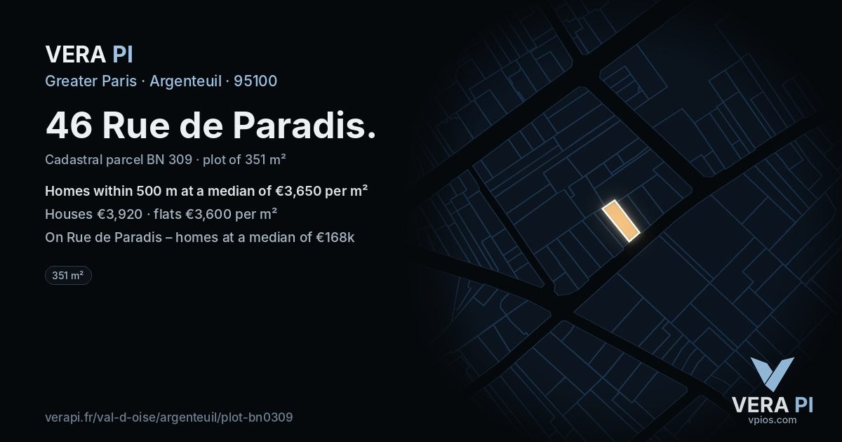 46 Rue de Paradis, Argenteuil at night – the plot lit, the parcels around coloured by the prices near them