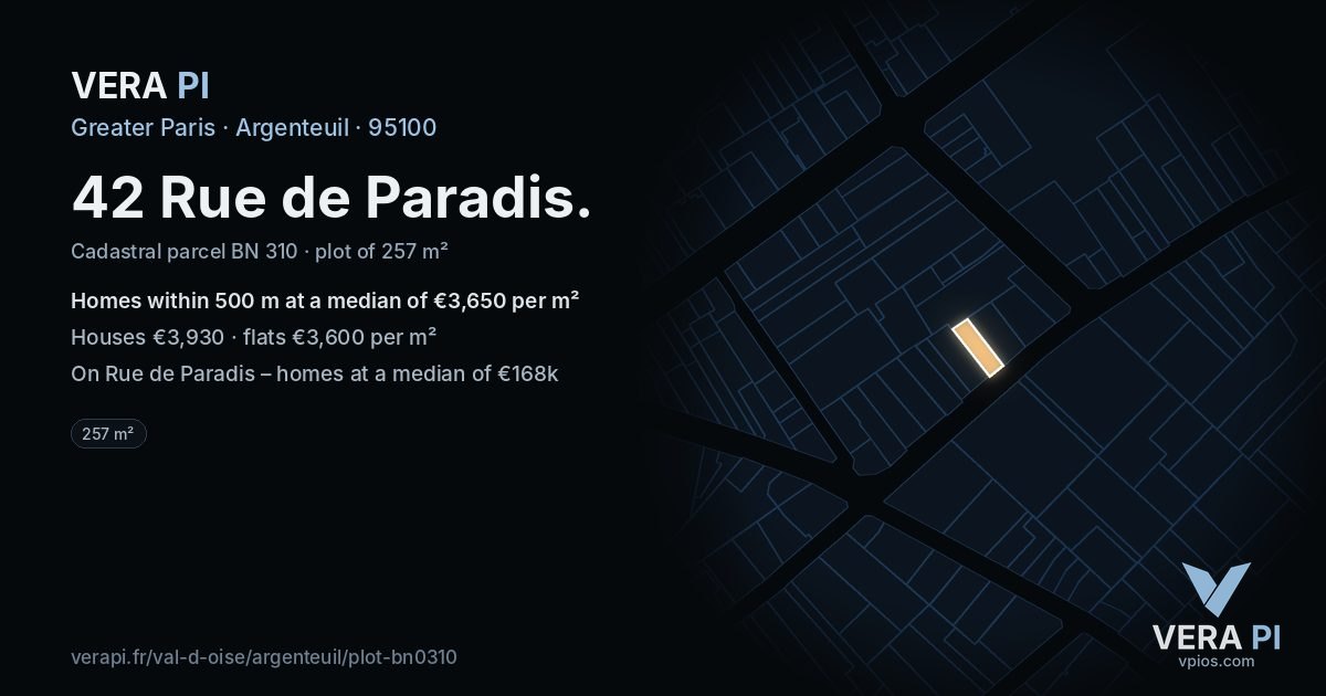 42 Rue de Paradis, Argenteuil at night – the plot lit, the parcels around coloured by the prices near them