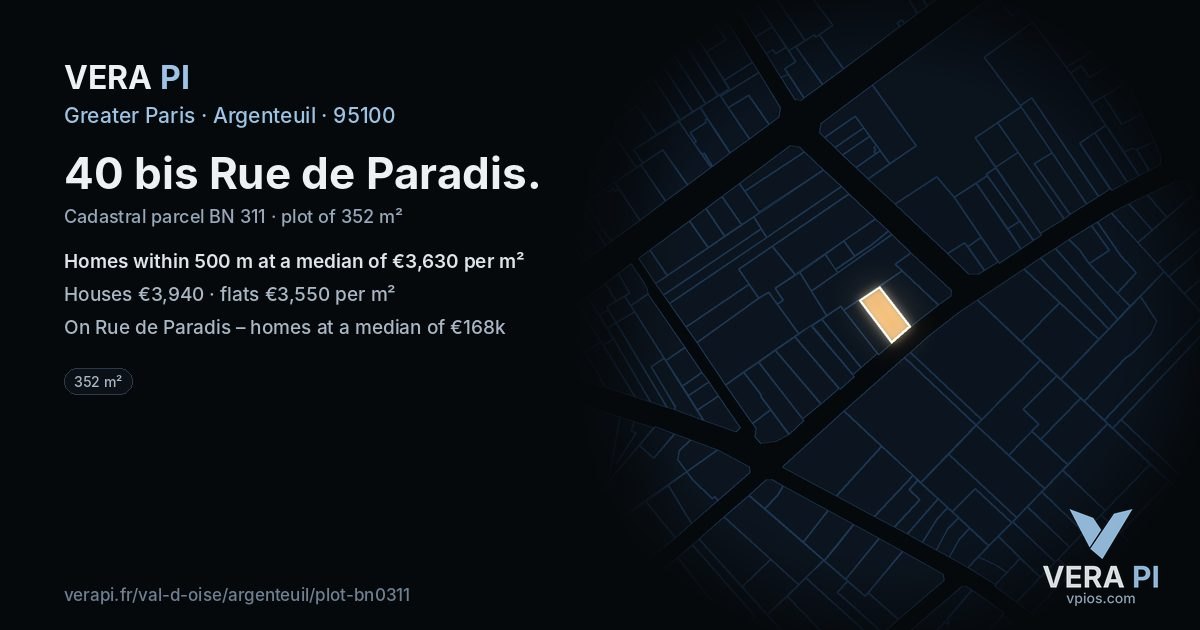 40 bis Rue de Paradis, Argenteuil at night – the plot lit, the parcels around coloured by the prices near them