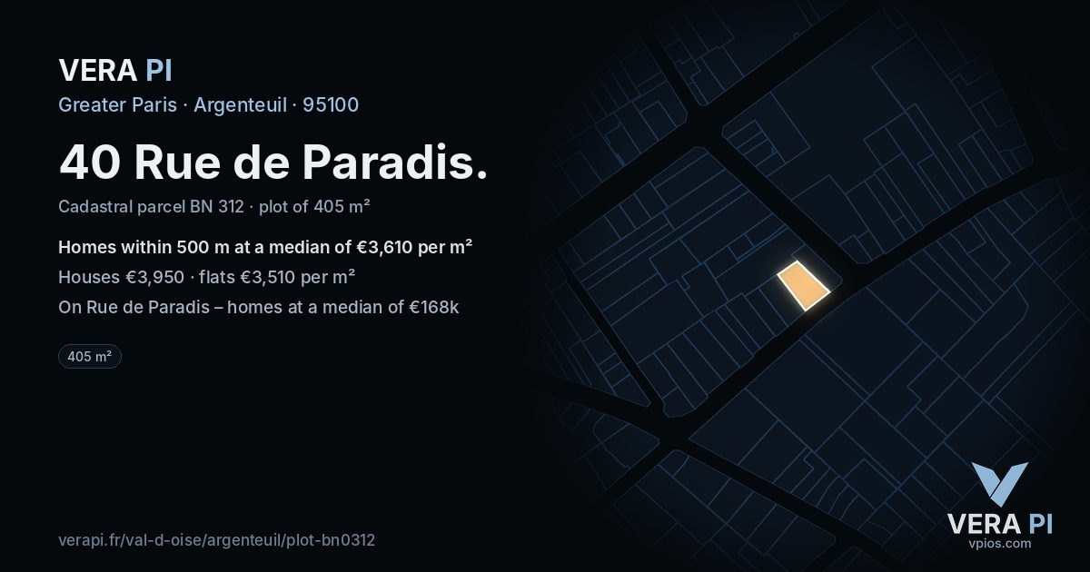 40 Rue de Paradis, Argenteuil at night – the plot lit, the parcels around coloured by the prices near them