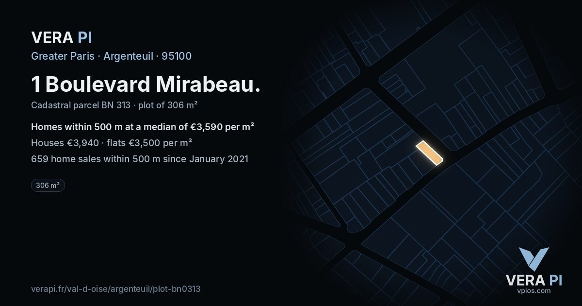 1 Boulevard Mirabeau, Argenteuil at night – the plot lit, the parcels around coloured by the prices near them