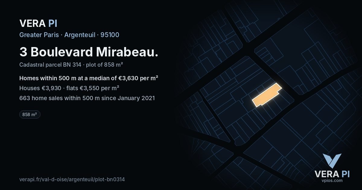 3 Boulevard Mirabeau, Argenteuil at night – the plot lit, the parcels around coloured by the prices near them