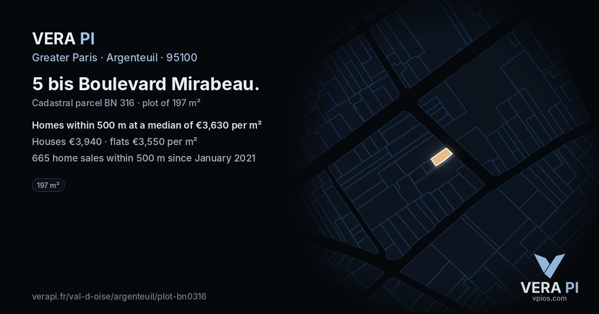 5 bis Boulevard Mirabeau, Argenteuil at night – the plot lit, the parcels around coloured by the prices near them