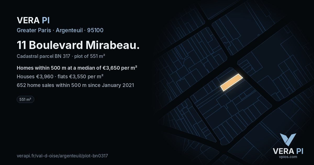 11 Boulevard Mirabeau, Argenteuil at night – the plot lit, the parcels around coloured by the prices near them