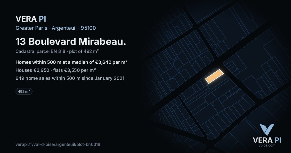 13 Boulevard Mirabeau, Argenteuil at night – the plot lit, the parcels around coloured by the prices near them