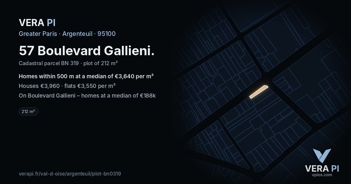 57 Boulevard Gallieni, Argenteuil at night – the plot lit, the parcels around coloured by the prices near them