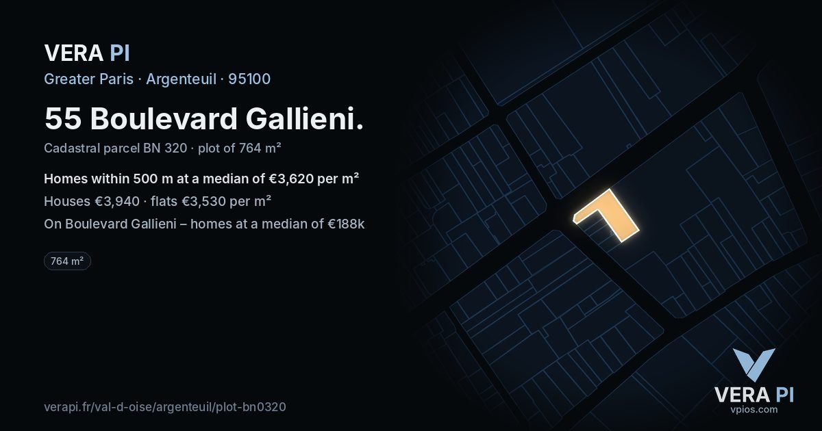 55 Boulevard Gallieni, Argenteuil at night – the plot lit, the parcels around coloured by the prices near them