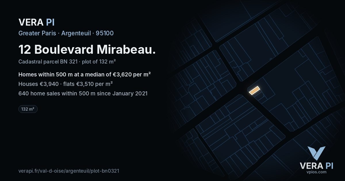 12 Boulevard Mirabeau, Argenteuil at night – the plot lit, the parcels around coloured by the prices near them
