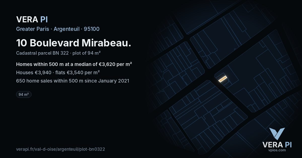 10 Boulevard Mirabeau, Argenteuil at night – the plot lit, the parcels around coloured by the prices near them