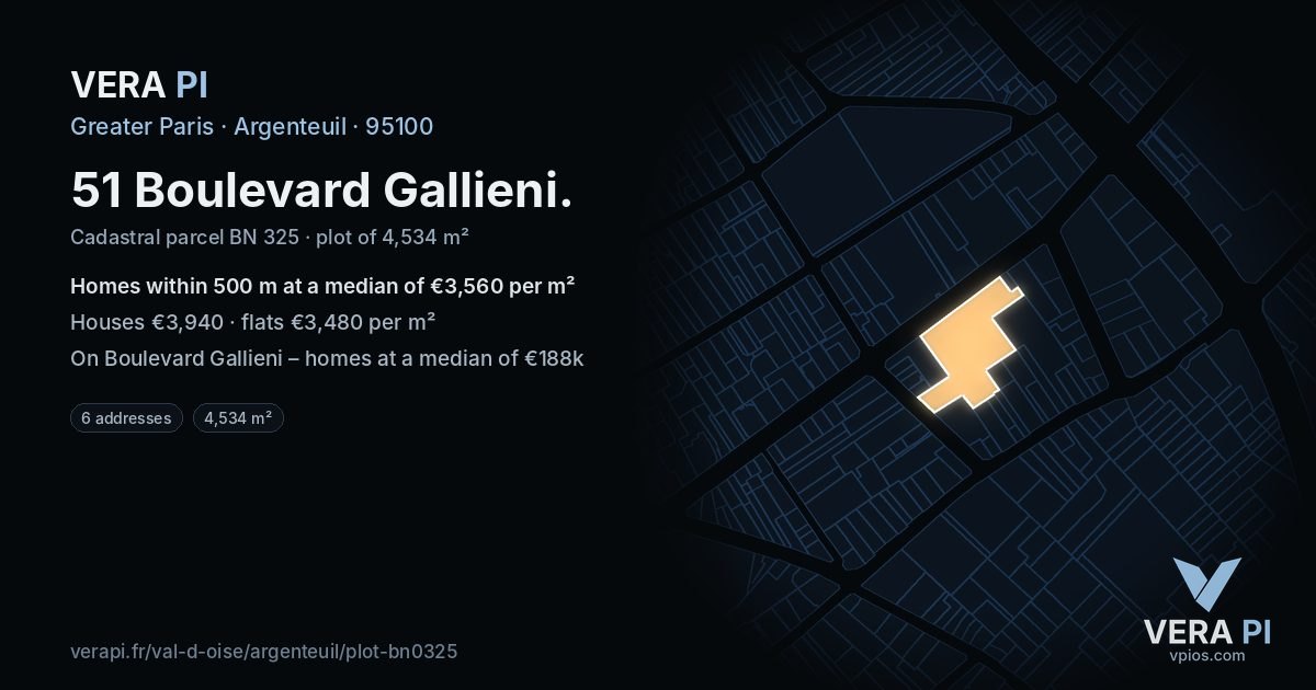 51 Boulevard Gallieni, Argenteuil at night – the plot lit, the parcels around coloured by the prices near them
