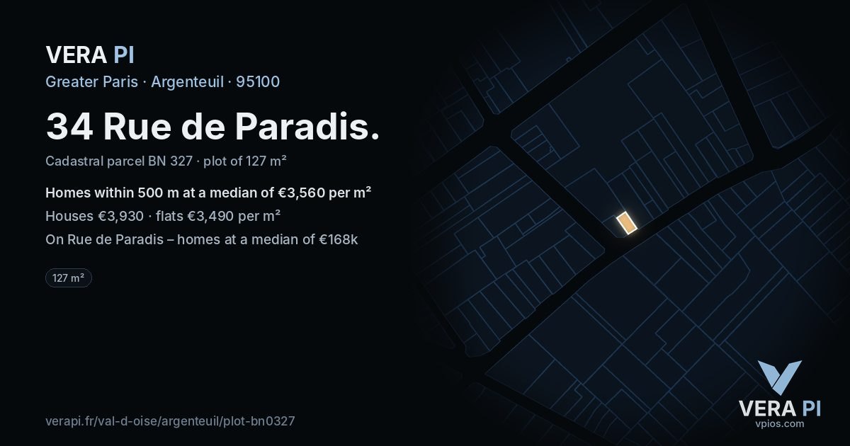 34 Rue de Paradis, Argenteuil at night – the plot lit, the parcels around coloured by the prices near them
