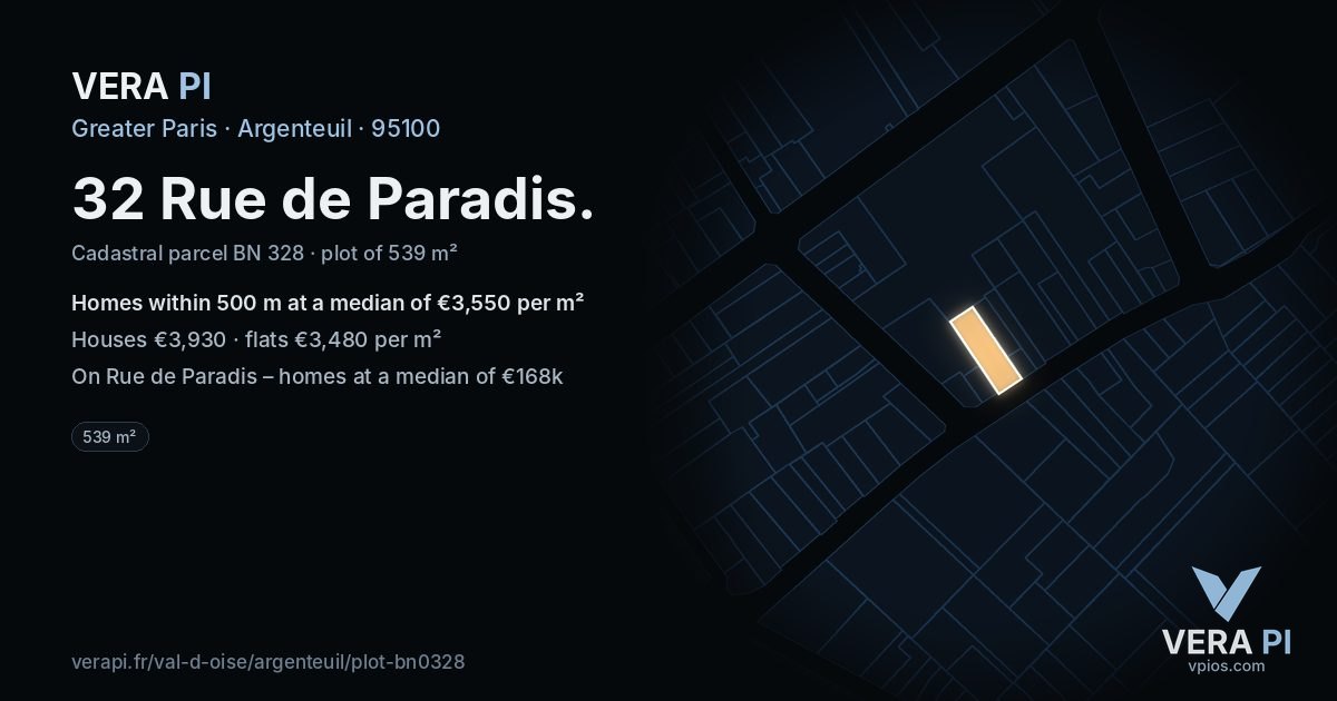 32 Rue de Paradis, Argenteuil at night – the plot lit, the parcels around coloured by the prices near them