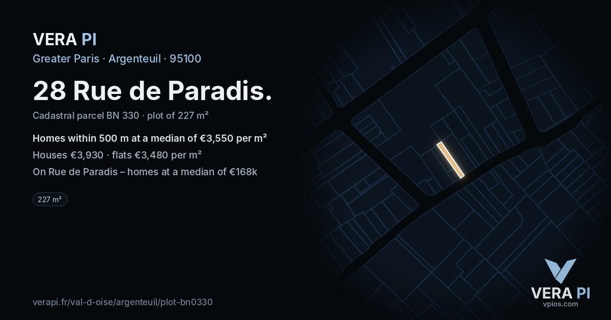 28 Rue de Paradis, Argenteuil at night – the plot lit, the parcels around coloured by the prices near them