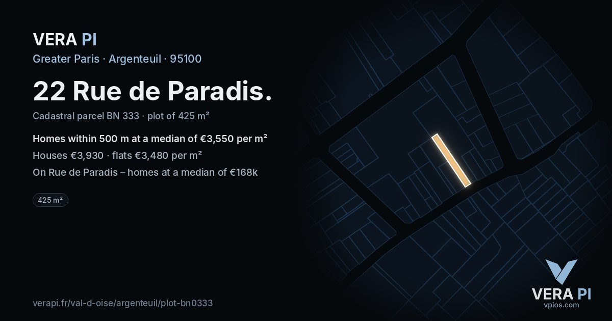 22 Rue de Paradis, Argenteuil at night – the plot lit, the parcels around coloured by the prices near them