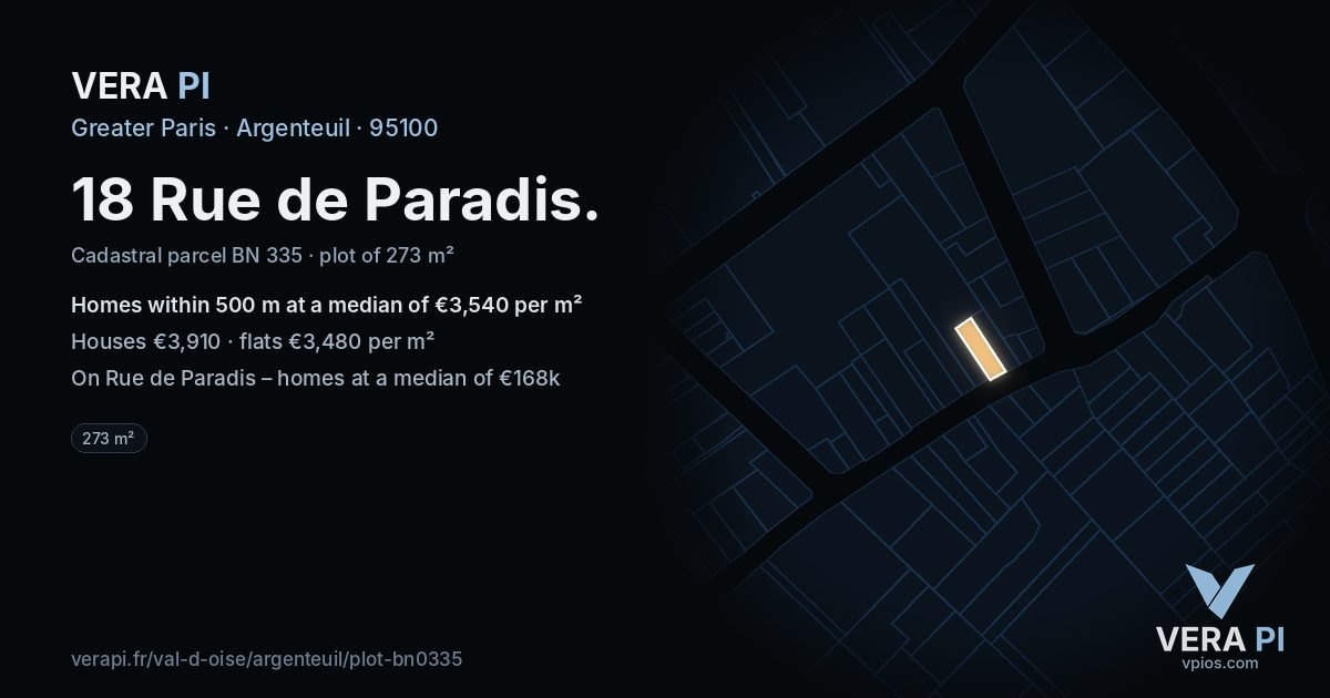 18 Rue de Paradis, Argenteuil at night – the plot lit, the parcels around coloured by the prices near them