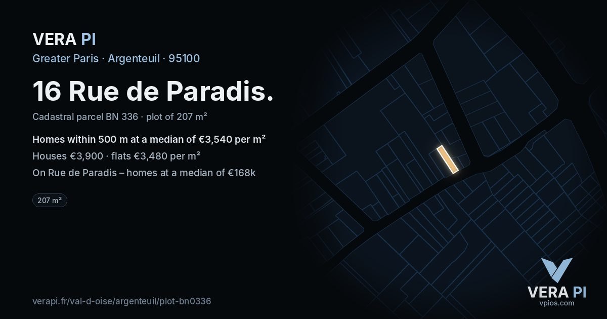 16 Rue de Paradis, Argenteuil at night – the plot lit, the parcels around coloured by the prices near them