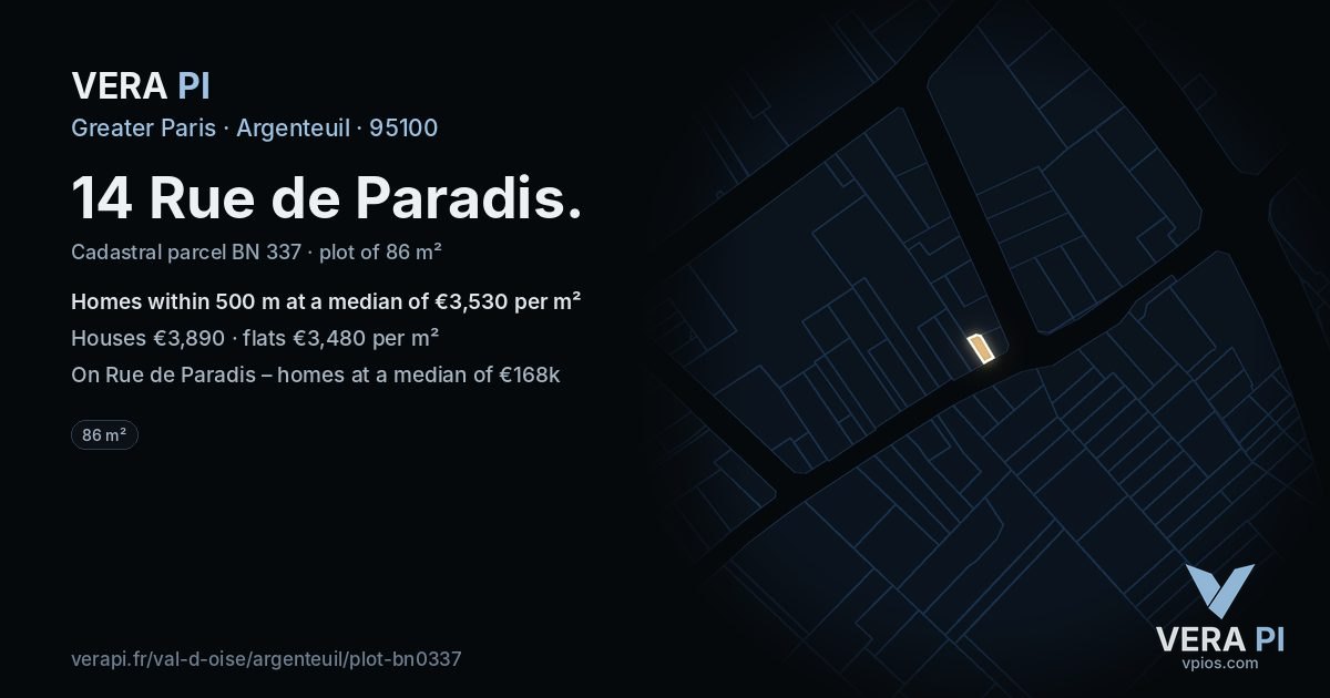 14 Rue de Paradis, Argenteuil at night – the plot lit, the parcels around coloured by the prices near them