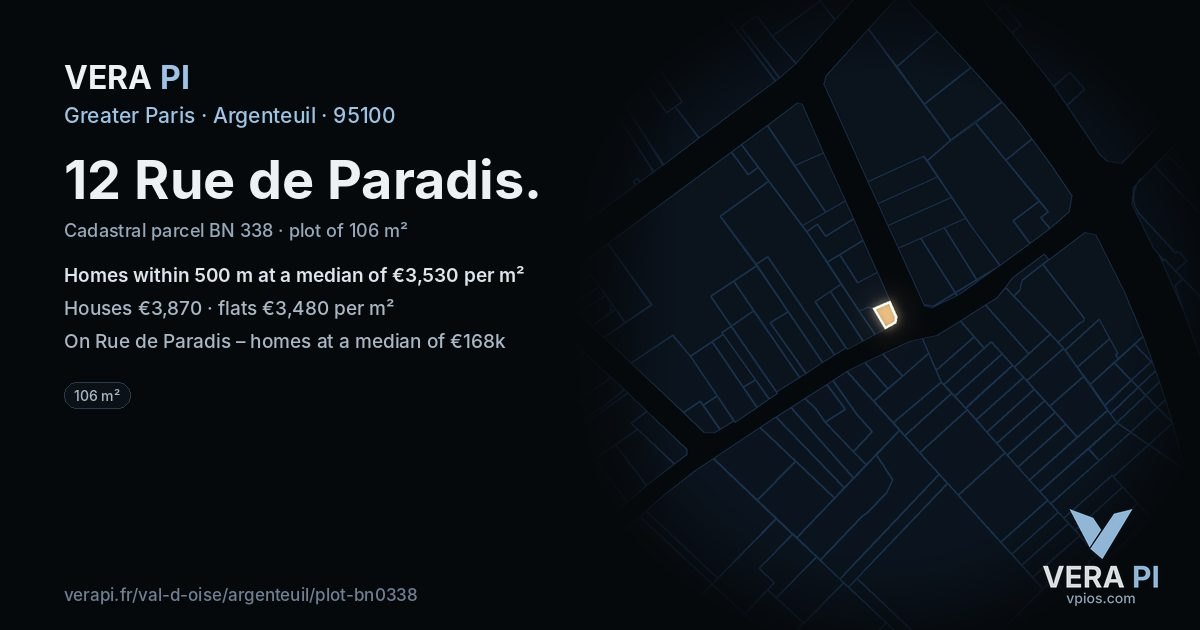 12 Rue de Paradis, Argenteuil at night – the plot lit, the parcels around coloured by the prices near them