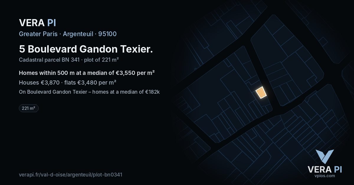 5 Boulevard Gandon Texier, Argenteuil at night – the plot lit, the parcels around coloured by the prices near them