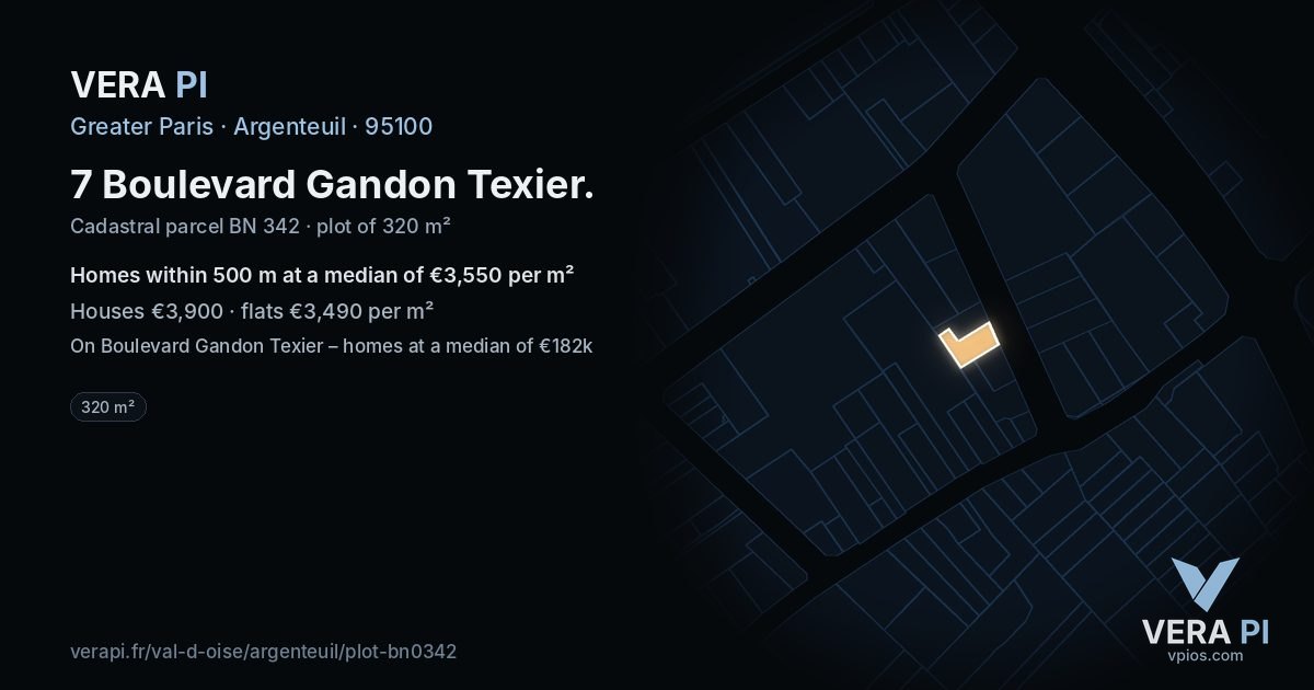 7 Boulevard Gandon Texier, Argenteuil at night – the plot lit, the parcels around coloured by the prices near them