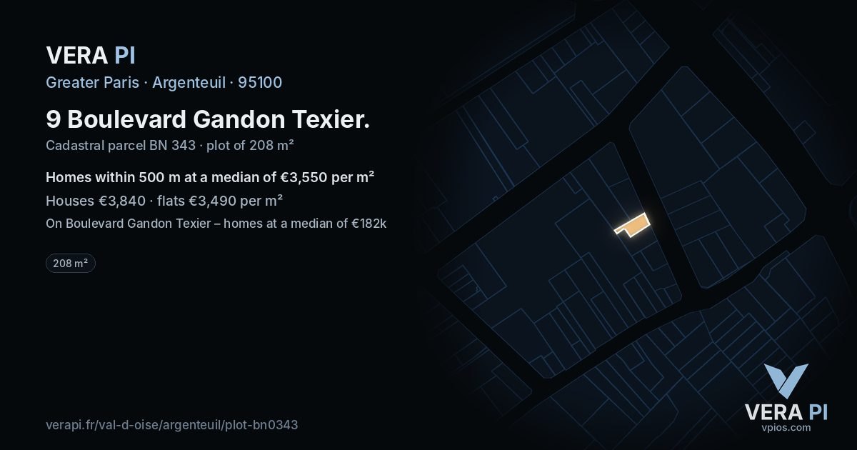 9 Boulevard Gandon Texier, Argenteuil at night – the plot lit, the parcels around coloured by the prices near them