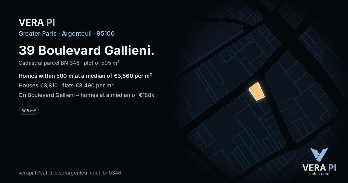 39 Boulevard Gallieni, Argenteuil at night – the plot lit, the parcels around coloured by the prices near them