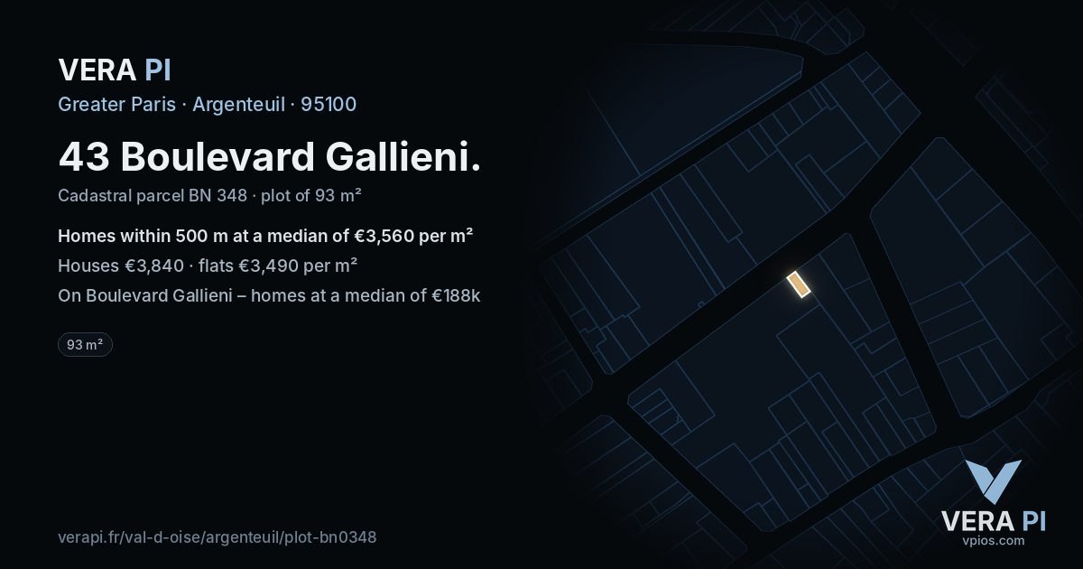 43 Boulevard Gallieni, Argenteuil at night – the plot lit, the parcels around coloured by the prices near them