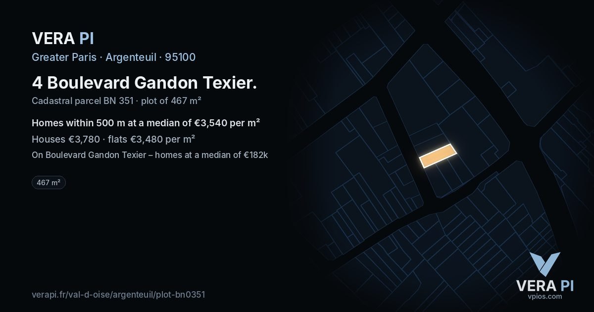 4 Boulevard Gandon Texier, Argenteuil at night – the plot lit, the parcels around coloured by the prices near them