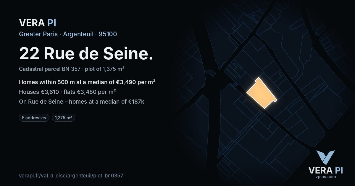 22 Rue de Seine, Argenteuil at night – the plot lit, the parcels around coloured by the prices near them