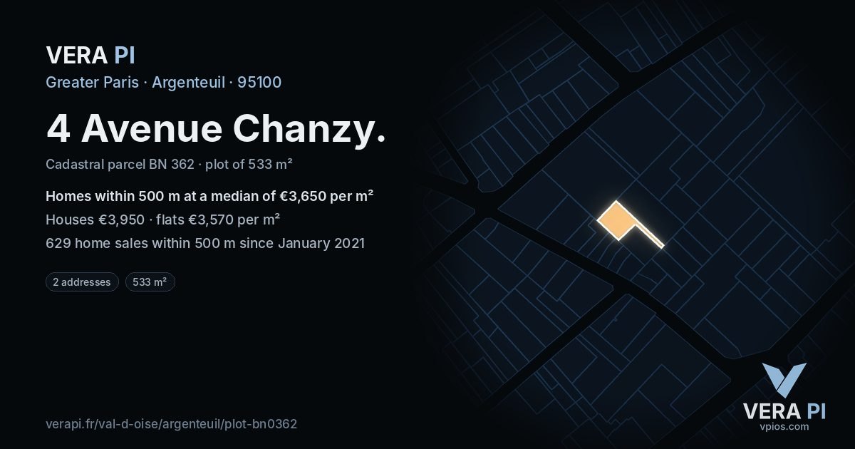 4 Avenue Chanzy, Argenteuil at night – the plot lit, the parcels around coloured by the prices near them