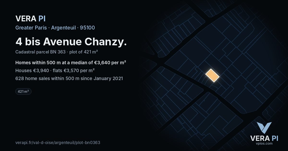 4 bis Avenue Chanzy, Argenteuil at night – the plot lit, the parcels around coloured by the prices near them