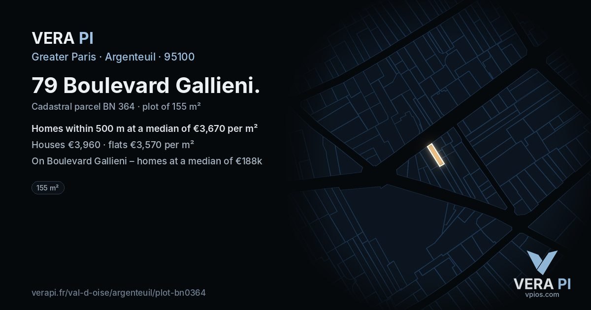 79 Boulevard Gallieni, Argenteuil at night – the plot lit, the parcels around coloured by the prices near them