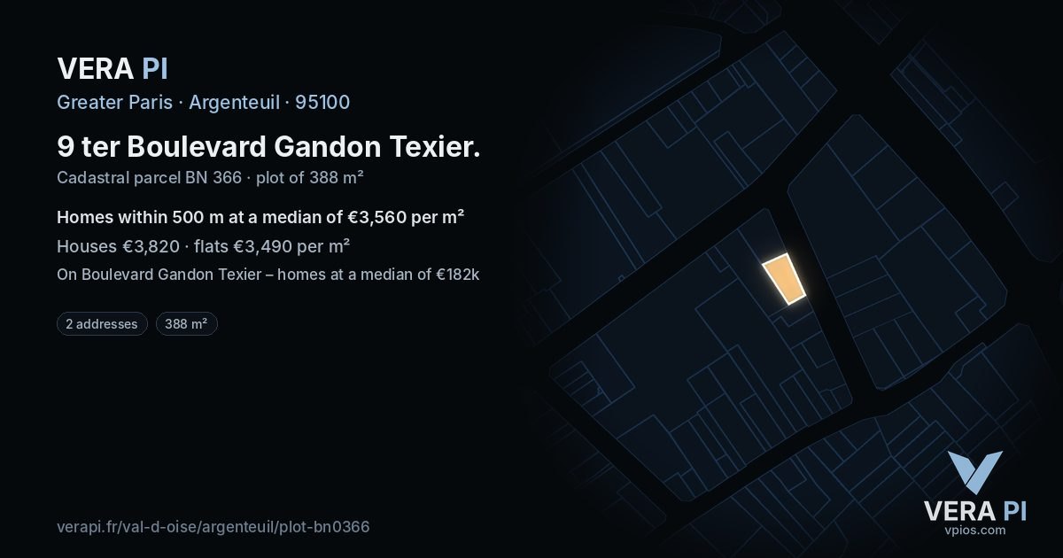 9 ter Boulevard Gandon Texier, Argenteuil at night – the plot lit, the parcels around coloured by the prices near them