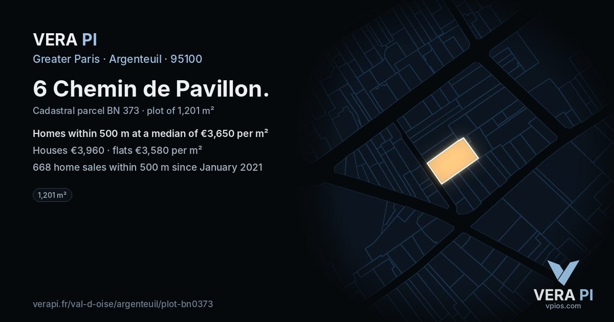 6 Chemin de Pavillon, Argenteuil at night – the plot lit, the parcels around coloured by the prices near them