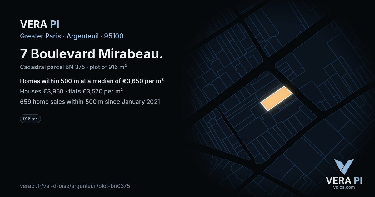 7 Boulevard Mirabeau, Argenteuil at night – the plot lit, the parcels around coloured by the prices near them