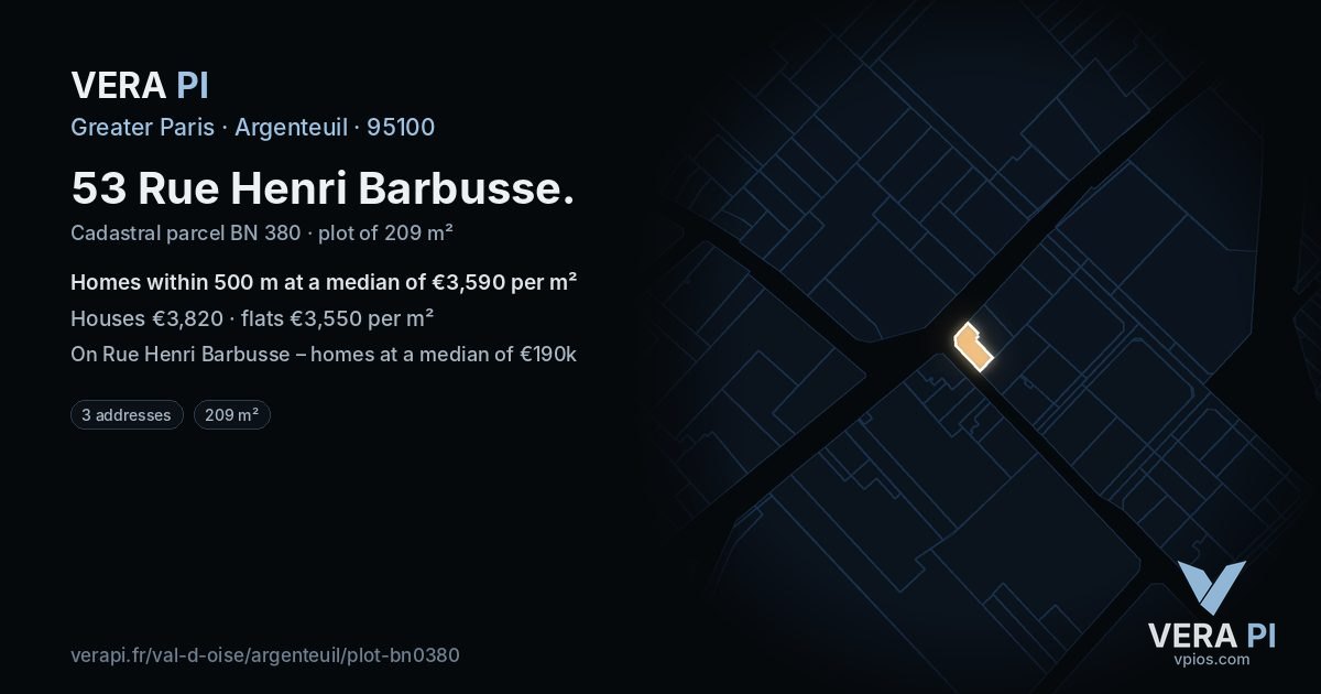 53 Rue Henri Barbusse, Argenteuil at night – the plot lit, the parcels around coloured by the prices near them