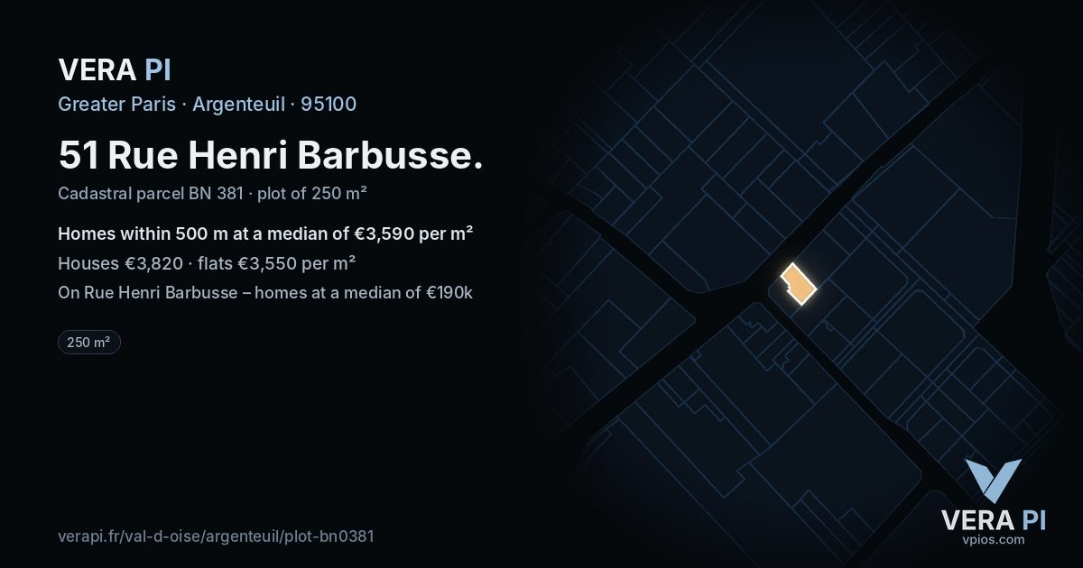 51 Rue Henri Barbusse, Argenteuil at night – the plot lit, the parcels around coloured by the prices near them