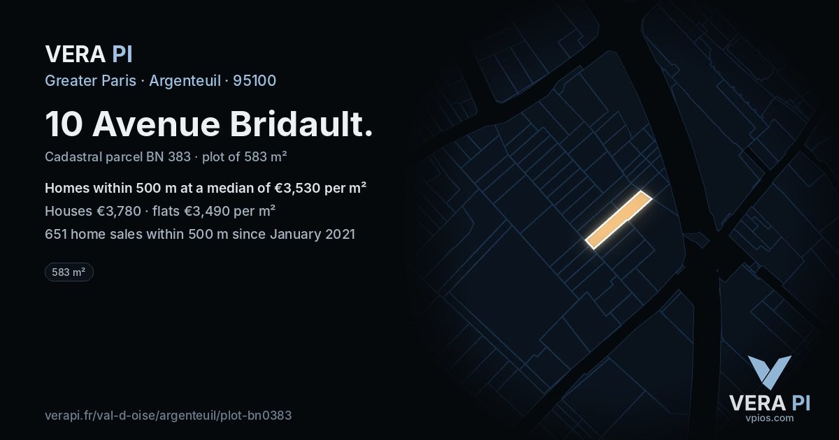 10 Avenue Bridault, Argenteuil at night – the plot lit, the parcels around coloured by the prices near them