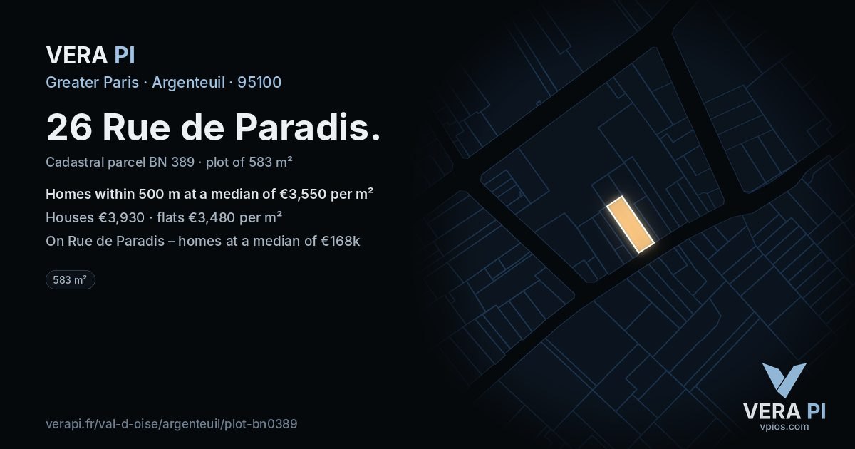 26 Rue de Paradis, Argenteuil at night – the plot lit, the parcels around coloured by the prices near them