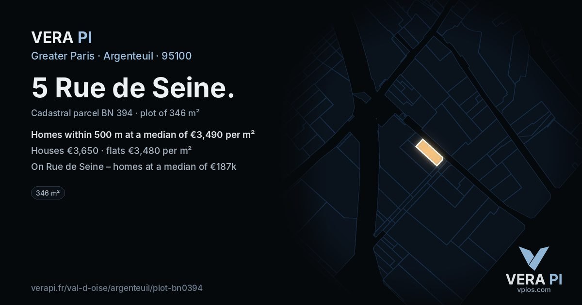 5 Rue de Seine, Argenteuil at night – the plot lit, the parcels around coloured by the prices near them