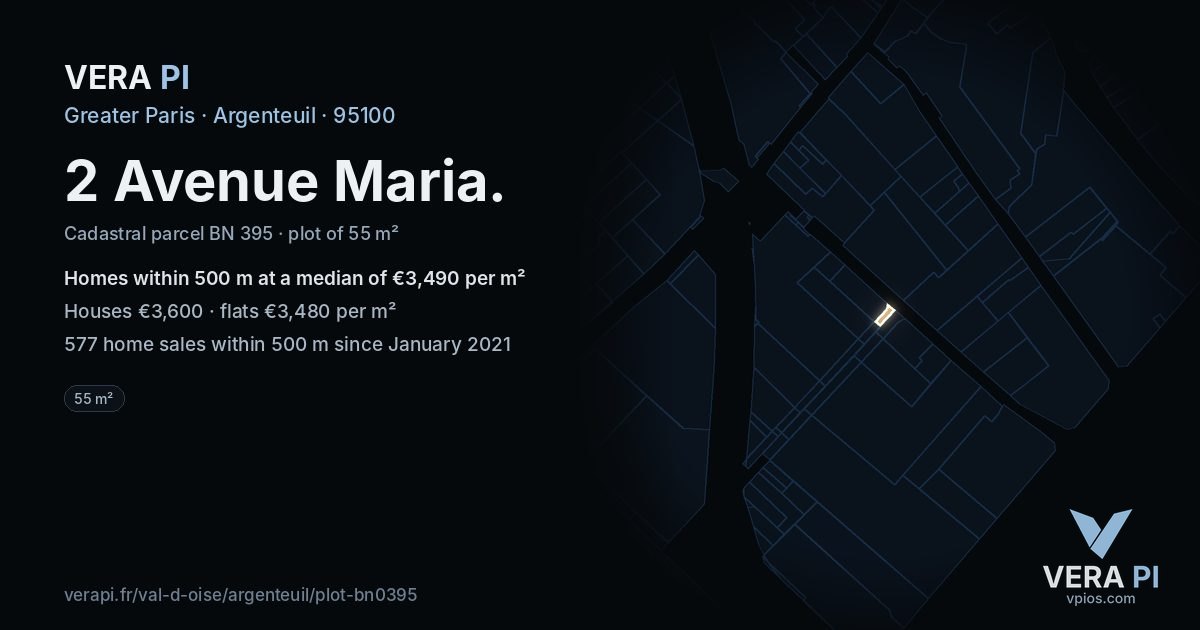 2 Avenue Maria, Argenteuil at night – the plot lit, the parcels around coloured by the prices near them