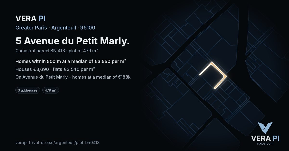 5 Avenue du Petit Marly, Argenteuil at night – the plot lit, the parcels around coloured by the prices near them