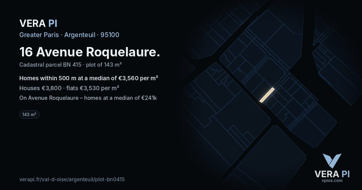 16 Avenue Roquelaure, Argenteuil at night – the plot lit, the parcels around coloured by the prices near them