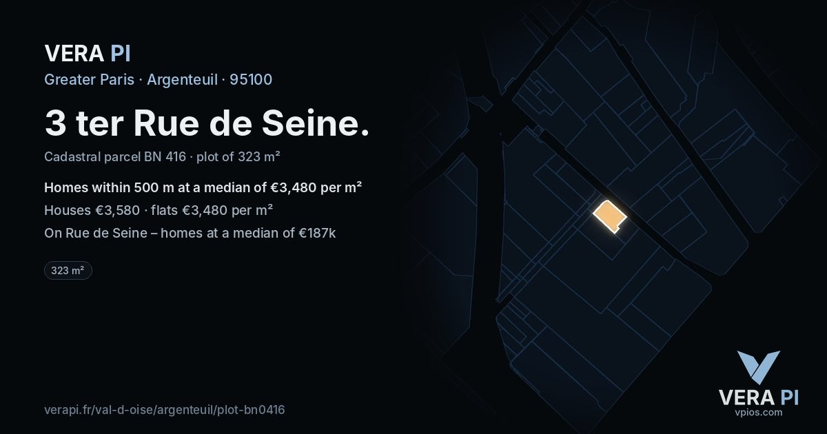 3 ter Rue de Seine, Argenteuil at night – the plot lit, the parcels around coloured by the prices near them