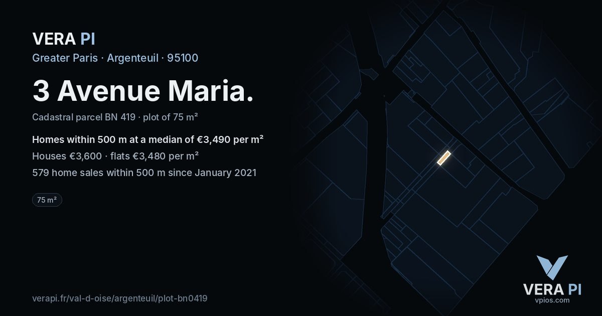 3 Avenue Maria, Argenteuil at night – the plot lit, the parcels around coloured by the prices near them