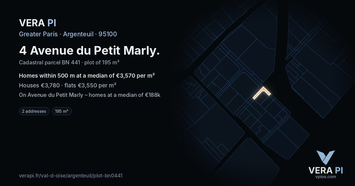 4 Avenue du Petit Marly, Argenteuil at night – the plot lit, the parcels around coloured by the prices near them